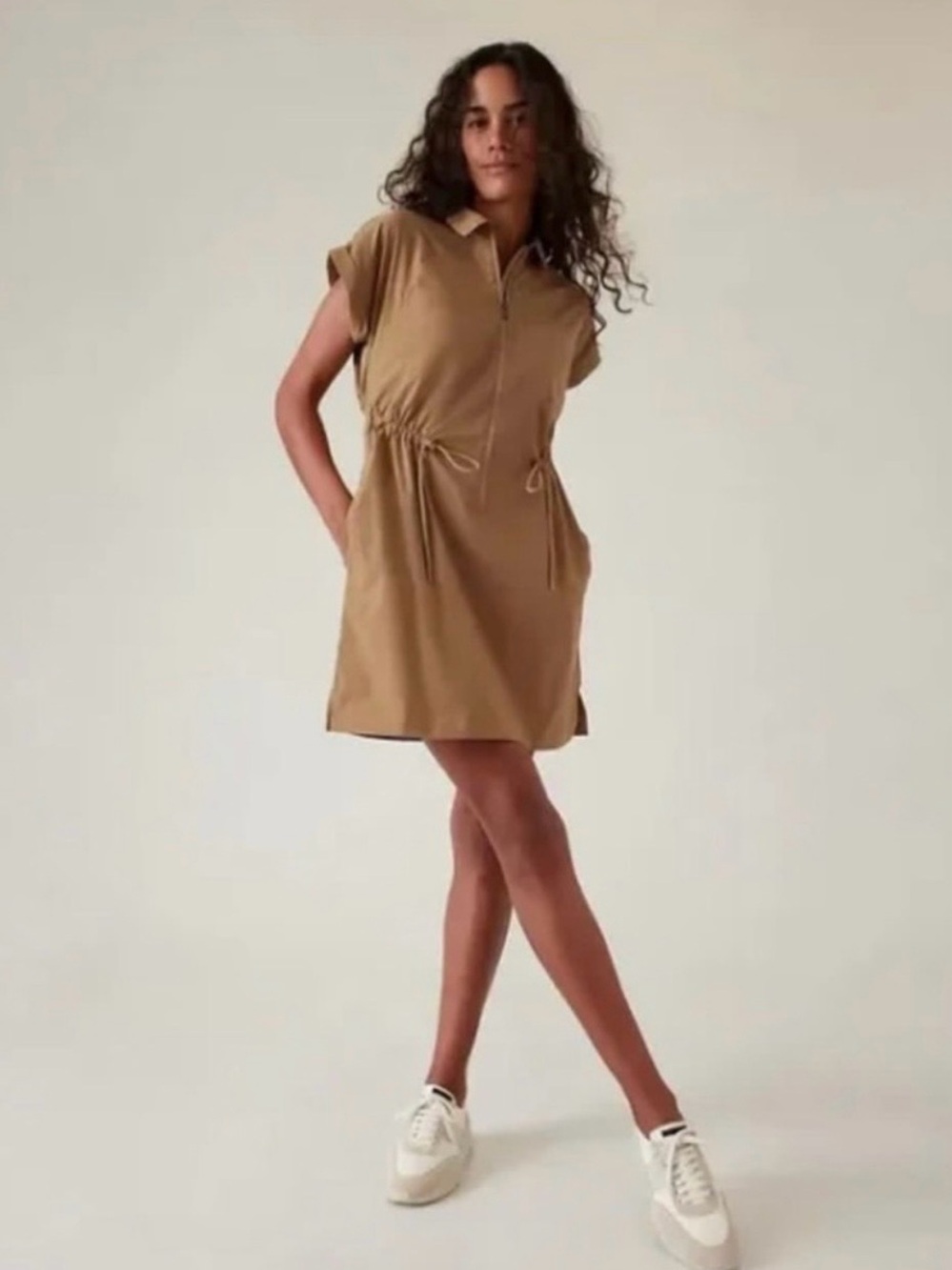 Athleta Womens Tan Cuffed Short Sleeve Drawstring Zip Up Topspin Mini Dress M